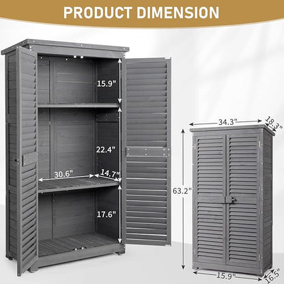 Outvita Outdoor Storage Cabinet, 63in Wooden Garden Tools Shed with 2 Lockable Doors, 3 Adjustable Shelves, Waterproof Roof for Yard Garge Patio Deck Porch（Grey）