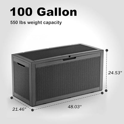 Deck Box, Black Resin Outdoor Storage, 100 Gallon Capacity