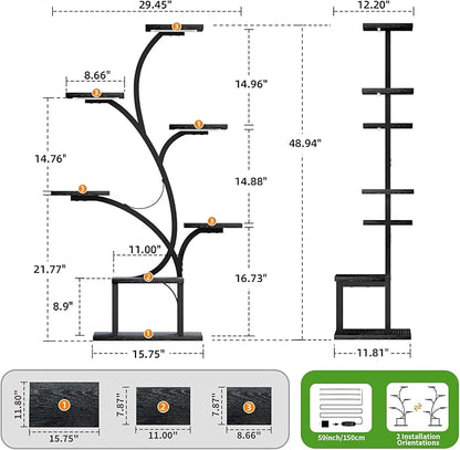 Plant Stand Indoor with Grow Lights, 7 Tiered Indoor Plant Shelf, 49" Corner Plant Stands for Indoor Plants, Metal Plant Flower Display Shelf, Tree-Shaped Plant Rack for Home, Black