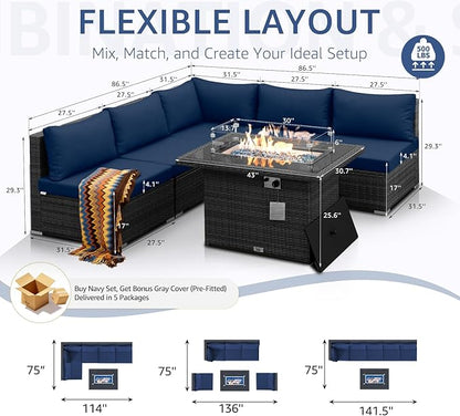 NICESOUL 6 Piece Modern Wicker Patio Furniture Set with Firepit Natural Gas/Propane, 29.3'' High-Back Deep Wide Seat Outdoor Conversation for Backyard, Oversized Sofa Couch, 2 Color Cushion Navy&Gray