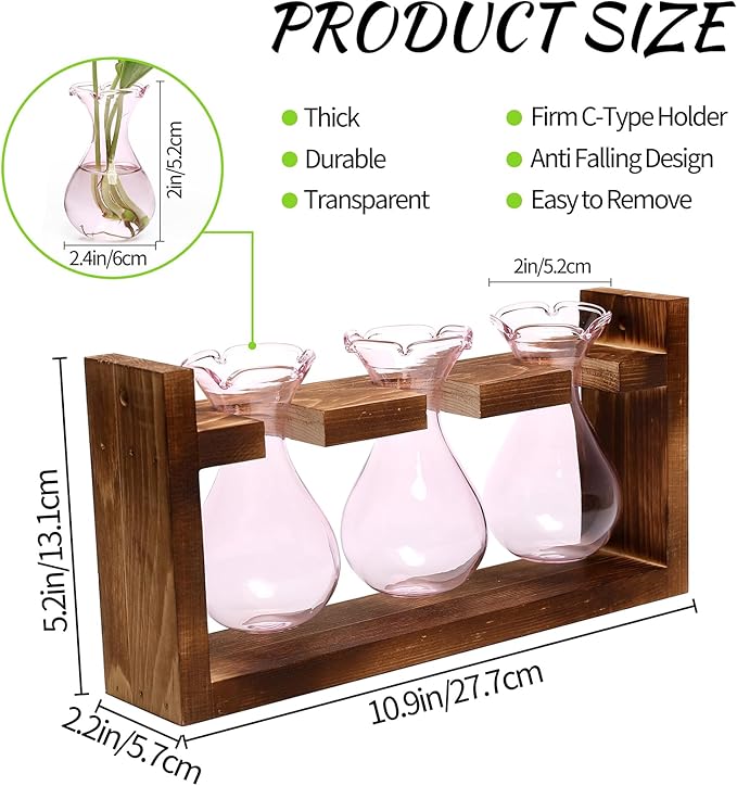 Terrarium Propagation Station with 3 Pink Glass Bulbs and Wooden Stand