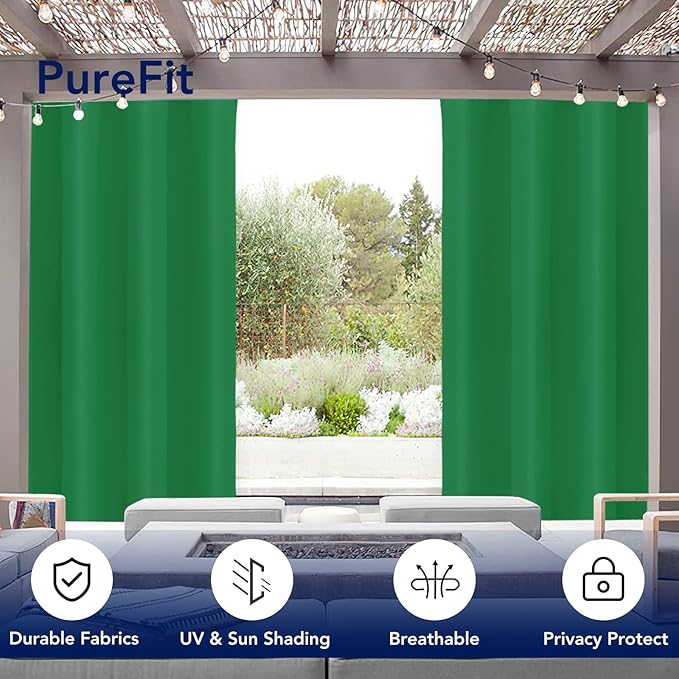 PureFit Outdoor Curtains for Patio Waterproof Weatherproof, UV and Fade Resistant Outside Curtains for Gazebo, Front Porch, Pergola, Sun Blocking Privacy Curtain, 52W x 108L inch, 1 Panel, Green