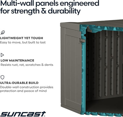 Suncast Extra Large Deck Box - 124 Gallon Resin Outdoor Storage Box with Lockable Lid for Outdoor Cushion Storage, Toys, & Garden Gear, Stoney Grey Wicker Bin for Patio, Porch, Pool, & Yard
