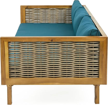 Merax 67.5" Outdoor Patio Daybed 3 Seater Sofa Bed,Acacia Wood Frame with Rattan Arm,Cushion & Pillow for Courtyard