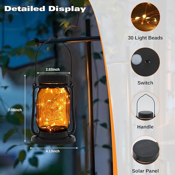 Solar Lanterns, Brown Glass Mason Jar Style, 30 Warm White Lights