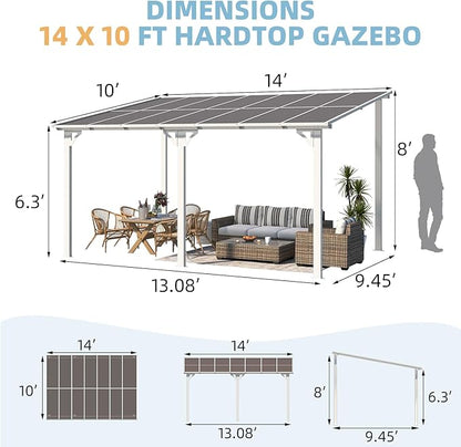 AECOJOY 14' x 10' Gazebo in White, Large Wall Mounted Gazebos on Clearance, Outdoor Patio Lean to Gazebo Metal Awnings for Decks, Patio, Porch, Backyard and More