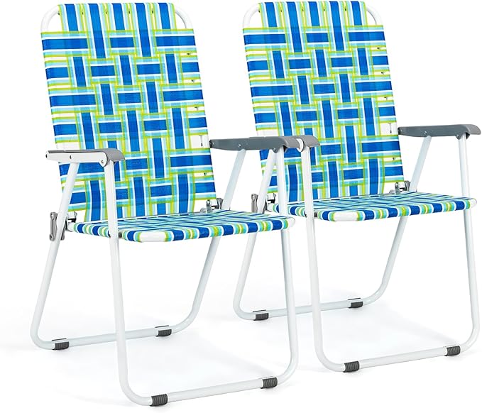 Folding Lawn Chairs, Set of 2, Blue Webbed Design with Metal Frame