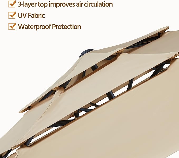 Yaheetech 3-Tier Patio Umbrella 10ft Vented Outdoor Canopy Sun Shade Large Market Table Umbrella Double-layer Cloth & Push-button Tilting for Yard/Garden/Park Tan