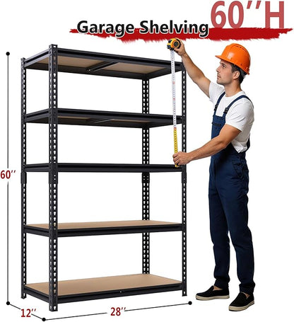 Heavy Duty Garage Shelving,5-Tier Metal Storage Shelves,2400LBS Shelving Unit,Adjustable Shelving Rack, Standing Shelf Units for Garage Storage Warehouse,28''×12''×60'',2 Pack