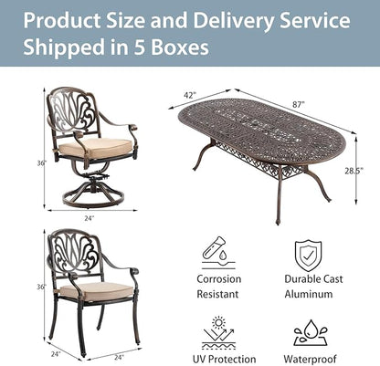 9-Piece Cast Aluminum Patio Furniture, Outdoor Dining Sets for 8 Include 87" Oval Patio Dining Table, 6 Stackable Chairs & 2 Swivel Chairs with Cushions & Umbrella Hole(Bronze)
