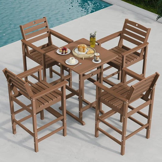 Bar Table Set with 2 Adirondack Chairs in Teak, HDPE Outdoor