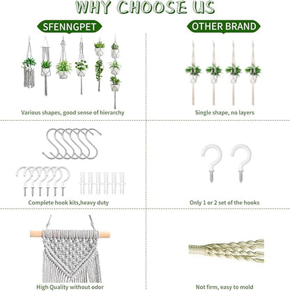 Macrame Plant Hangers, 6Pack Hanging Planters for Indoor Plants w/ 6 Set Hangers Kit Handmade Macromay Plant Hangers Indoor Flower Pots Holder Stand for Boho Home Décor (POTS NOT Included)