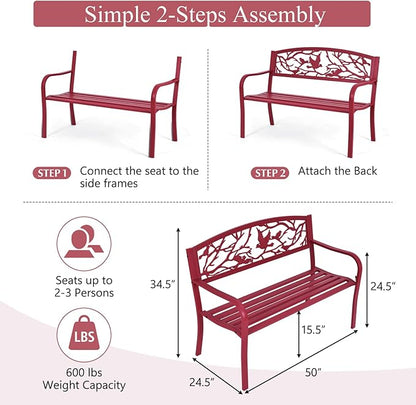 Giantex 50”Outdoor Bench with Cast Iron Backrest & Ergonomic Armrest,600 lbs Steel Metal Frame, Garden Bench for Park Front Porch Patio Lawn Backyard Balcony Path Entryway Deck, Red Bird Pattern