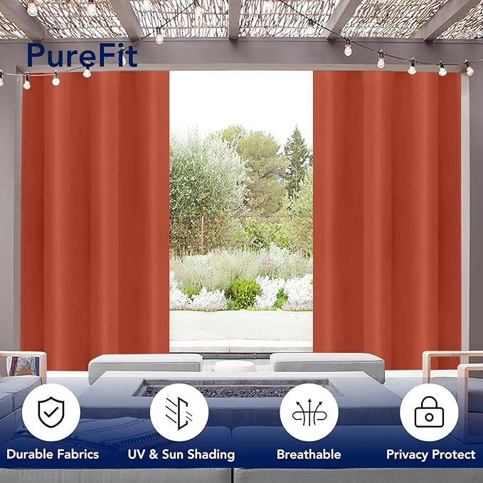 PureFit Outdoor Curtains for Patio Waterproof Weatherproof, UV Resistant Outside Curtains for Gazebo, Front Porch, Pergola, Sun Blocking Privacy Curtain, 52W x 84L inch, 1 Panel, Red Clay