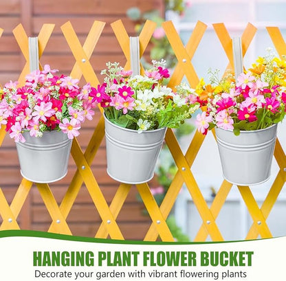 OBTANIM 12 Pack Metal Hanging Flower Pots Railing Planter Outdoor Fence Hanging Bucket Plant Holder with Detachable Hooks Drain Holes for Home Garden Yard Decor (White, 4 x 4 Inch)