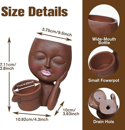 Face Double Plant Pot - Cute Succulent Head Planters Indoor Outdoor Decor, Resin Flower Pots with Drainage Hole, Unique Ideal Present, Gifts for Women/Mother