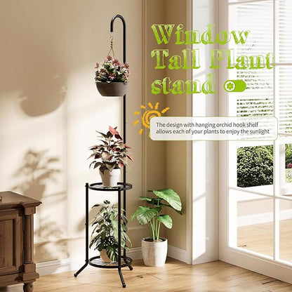 Plant Stand with Hooks Indoor Outdoor Corner Tall Plant Stand Heavy-Duty Metal 3-Tier Plant Shelf Holder Rack for Patio Garden Balcony Living Room Bedroom(semicircular Black)