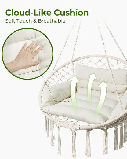 Greenstell Hammock Chair, Macrame Swing Chair with Comfy Cushion, Boho Hanging Chair for Outdoor & Indoor, Perfect for Bedroom, Patio, Balcony, Hold up to 350Lbs, Beige