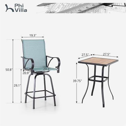 PHI VILLA 5 Piece Outdoor Bar Set, High Top Patio Bistro Bar Table and 4 Outdoor Swivel Bar Stools Chairs with Teal Textilene Fabric for Outside, Balcony, Garden and Yard