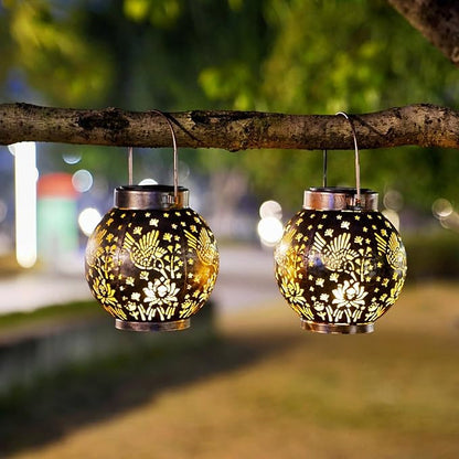 2 Pack Outdoor Solar Hanging Lantern Lights Metal LED Decorative Lamp for Garden Patio Courtyard Lawn and Table with Hollowed-Out Design (Bronze Hummingbird)