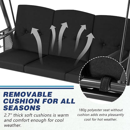 U-MAX 3-Seat Porch Swing Chair Steel Frame, Patio Swing Chair with Stand and Removable Cushions, Outdoor Canopy Swing Chair for Outside, Backyard, Garden, Black Cushion