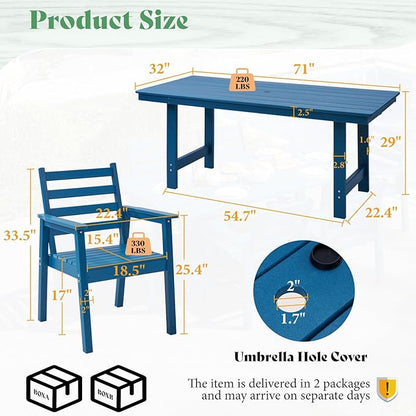 AMERLIFE 7-Piece HDPE Outdoor Dining Set with Umbrella Hole, 71" L Patio Table and Chairs Set for 6, Modern Garden Dining Set for Backyard, Poolside, Porch, Seaside, Blue