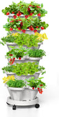 Strawberry Vertical Planters, 6 Tiered Stacking Tower Garden, Stackable Herb Vegetable Planters with Movable Casters and Bottom Saucer Indoor and Outdoor - White