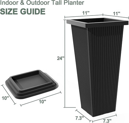 Tall Black Planters Outdoor Set of 2, Large Outdoor Tall Planters Pots with Tray, Modern Tapered Flower Planter for Front Porch, Patio, Garden (24", Ribbed)