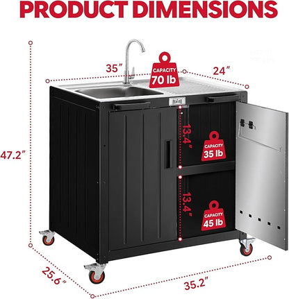 Outdoor Kitchen Island with Stainless Steel Sink and Storage Cabinet, 35-Inch BBQ Prep Station with Faucet & Lockable Wheels for Patio, Backyard, and Outdoor Cooking, Black & Silver