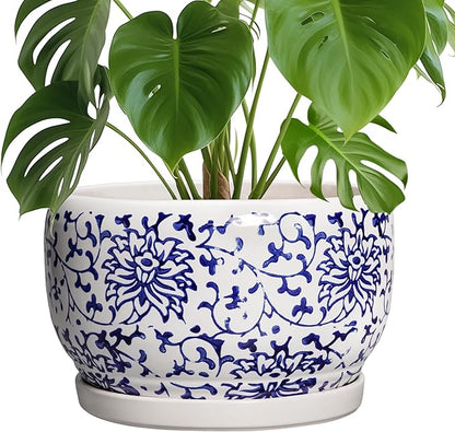 SQOWL Ceramic Pots for Plants - 10 Inch Ceramic Flower Pots with Drainage Hole and Saucer, Round Large Planter Indoor, Decorative Porcelain Planter Outdoor, Home Decor, Birthday Gifts, Blue and White