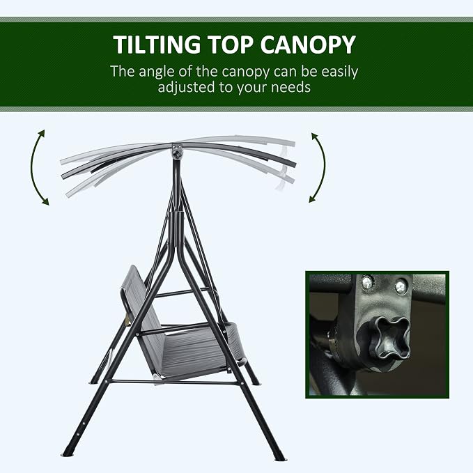 Porch Swing with Adjustable Canopy, Gray Steel Frame, Seats Three