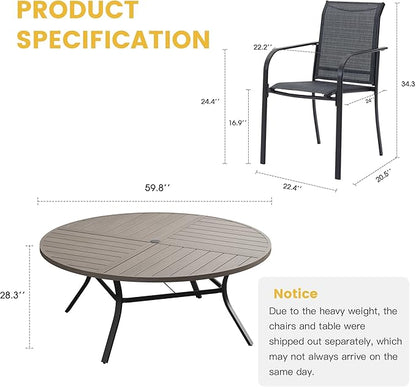 VICLLAX Patio Table and Chair Set of 10, All Weather Metal Round Outdoor Dining Furniture Set-59.9" Round Outdoor Table and Chairs, Grey Wood Grain Tabletop