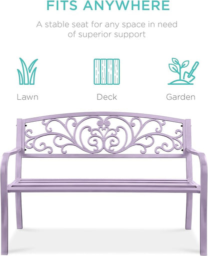 Best Choice Products Outdoor Bench Steel Garden Patio Porch Furniture for Lawn, Park, Deck w/Floral Design Backrest, Slatted Seat - Lavender