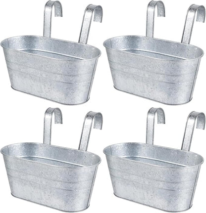 OBTANIM 4 Pack Metal Hanging Flower Pots Iron Railing Planter Outdoor Fence Hanging Pots Bucket Plant Holder with Detachable Hooks Drain Holes for Home Garden Yard Decor (Silvery)