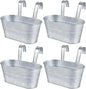 OBTANIM 4 Pack Metal Hanging Flower Pots Iron Railing Planter Outdoor Fence Hanging Pots Bucket Plant Holder with Detachable Hooks Drain Holes for Home Garden Yard Decor (Silvery)