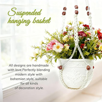35 Inch Macrame Plant Hanger, Large for up to 15 Inch Pot Extra Long Hanging Planter Holder Basket with Wood Beads for Indoor Outdoor Home Decor (Ivory, 1-Pack)