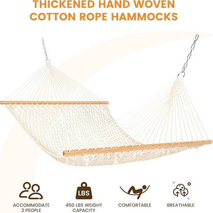 Lazy Daze Hammocks Double Rope Hammock, 2 Person Traditional Outdoor Hand Woven Cotton Rope Hammock with Spreader Bar, Carabiners, Tree Straps, Chains for Patio Yard - Max 450 Lbs, Natural