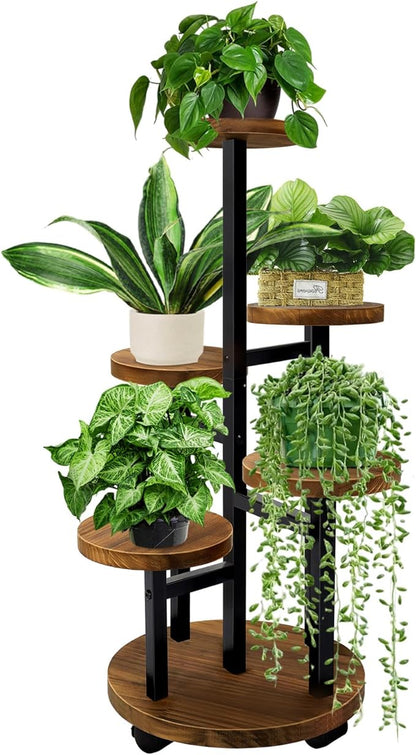 GEEBOBO 5 Tier Plant Stand With 4 Wheels, Metal Wood Tall Plant Stands For Indoor Plants Multiple, Corner Tiered Flower Plants Shelf Stand for Living Room Bedroom, Brown
