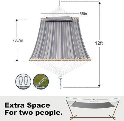 2 Person Hammocks for Outside, Double Quilted Fabric Outdoor Hammock with Spreader Bar, Large Removable Pillow, Storage Pockets, Carabiners, Max 475 lbs Capacity (Peace Dove Grey)