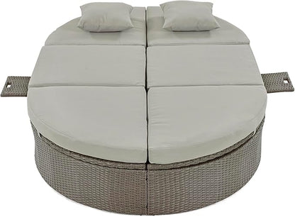 Merax Outdoor Sun Bed Patio 2-Person Daybed with Cushions and Pillows, Rattan Garden Reclining Chaise Lounge with Adjustable Backrests and Foldable Cup Trays for Lawn, Poolside, Grey