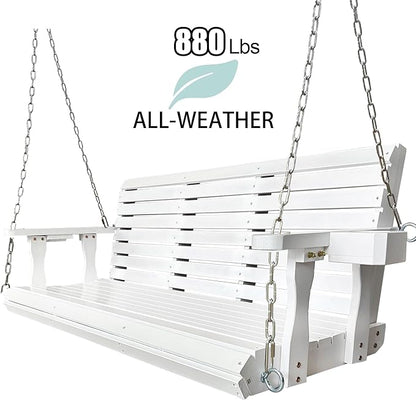 Wooden Porch Swing 3-Seater, High Backrest and Deep Seat, Bench Swing with Cupholders, Hanging Chains and 7mm Springs, Heavy Duty 880 LBS, for Outdoor Patio Garden (Pure White, 5 FT Extra Large)