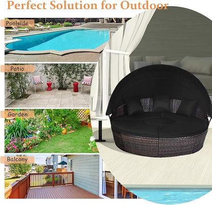 Tangkula Patio Round Daybed with Retractable Canopy, Outdoor Wicker Rattan Furniture Sets, Sectional Cushioned Sofa Set w/Height Adjustable Coffee Table, Rattan Conversation Sets (Black)