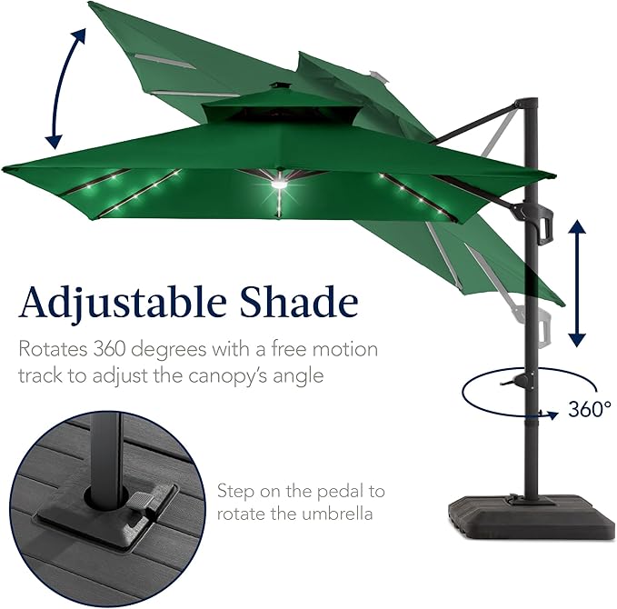 Best Choice Products 12x12ft LED Cantilever Patio Umbrella w/Base Included & 360° Rotation, Large Solar Offset Hanging Outdoor Sun Shade for Deck, Backyard Table w/Stand & Lights – Green