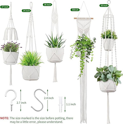 Macrame Plant Hangers, 5Pack Hanging Planters for Indoor Plants w/ 5 Set Hooks Handmade Cotton Rope Hanging Plant Holders Plant Hanger Indoor for Boho Home Decor (Planter Pot Not Included)