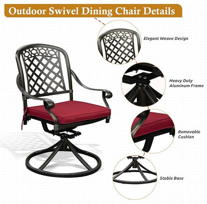 Cast Aluminum Outdoor Patio Dining Set, All Weather Outdoor Furniture Dining Set for Patio, Balcony, Lawn, Garden, Backyard (1 Round Table+4 Red Swivel Dining Chairs)
