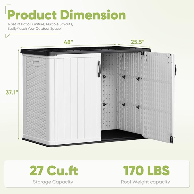 Storage Shed, 26 Cu Ft White Resin Cabinet with Magnetic Door Closure