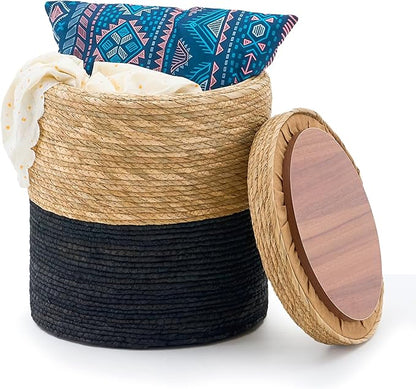 Wimarsbon Round Pouf Ottomans, Handwoven Natural Water Hyacinth Seagrass Pouffe,Outdoor Rattan Stool Accent Seat, Bohemian Coastal Home Decor (Storage -14inch Natural Cattail & Black Corn Shell)