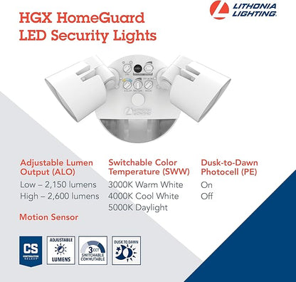 Lithonia Lighting HomeGuard 2-Light LED Outdoor Flood Lights, Motion Sensor Outdoor Lights with Dusk to Dawn, Adjustable Lumens and Color, Round Heads, White (HGX LED 2RH ALO SWW2 120 PIR WH M2)