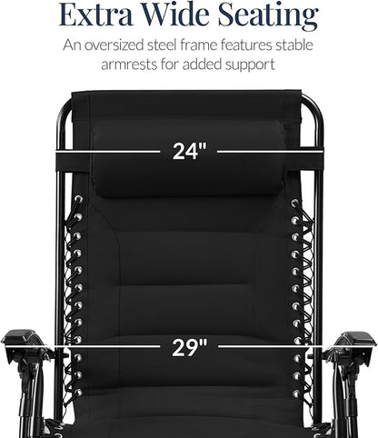 Best Choice Products Oversized Padded Zero Gravity Chair, Folding Outdoor Patio Recliner, XL Anti Gravity Lounger for Backyard w/Headrest, Cup Holder, Side Tray, Polyester Mesh - Black