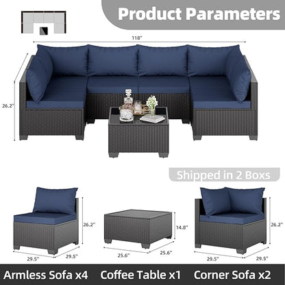 Skyfish 7 Pieces Patio Furniture Sofa - Outdoor Sectional Wicker Rattan Furniture with Cushion and Glass Table Patio Conversation Sets for Porch Poolside Backyard Outdoor Sofa Set Modular Sofa